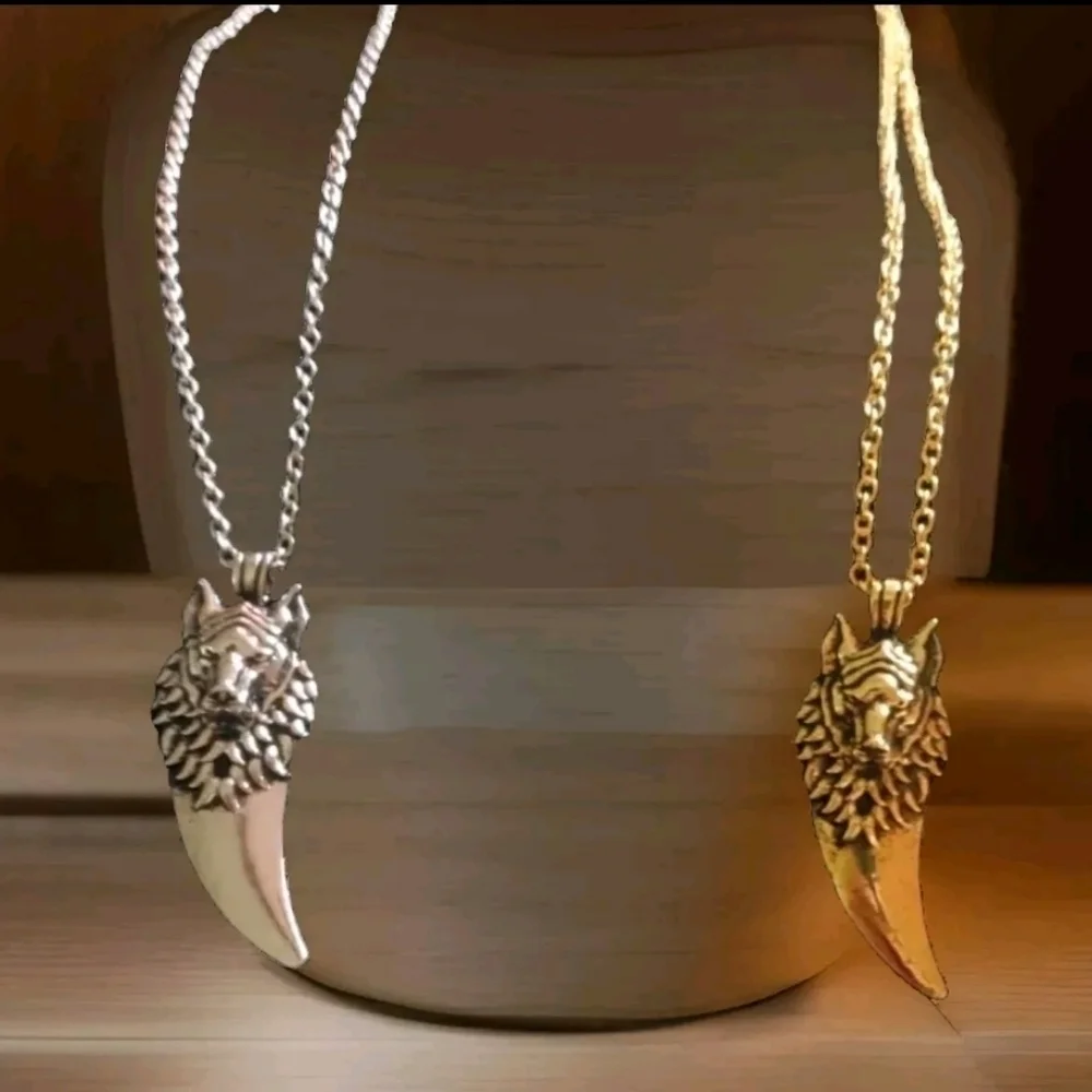 14K Gold Plated Stainless Steel Wolf Head Tooth Pendant Necklace